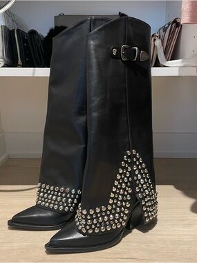 Black Studded Leather Knee Boots